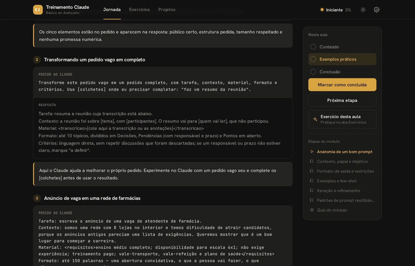 Uma aula do Treinamento Claude com três exemplos práticos: pedido ao Claude e resposta, cada um com uma nota do que observar.